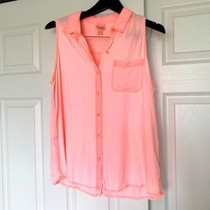 Super soft sleeveless blouse neon Orange pink button down collared top Womens XL